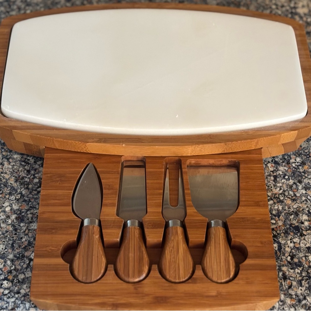 Bamboo Marble Cheese Board Set 4 Utensils Hide Away Drawer